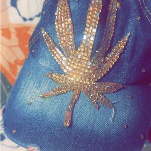 Denim Cap with Gold Rhinestone Leaf